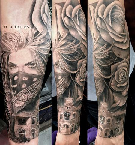 Sorin Gabor - realistic black and gray girl face w/bandana, roses, and Sonoma City Hall building tatoo sleeve